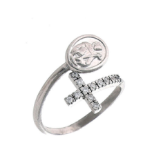 ANELLO ARGENTO TIT.925°/°° CON ZIRCONI CROCE E MED. SAN FRANCESCO REGOLABILE