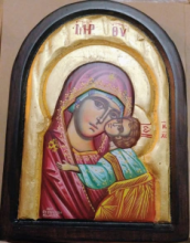 QD SP/192 VERGINE DI TENEREZZA MANTO ROSA ANTICO E ABITO VERDINO cm 22x30 CIRCA DIPINTA SU CUPOLA CON LEGNO INCAVATO